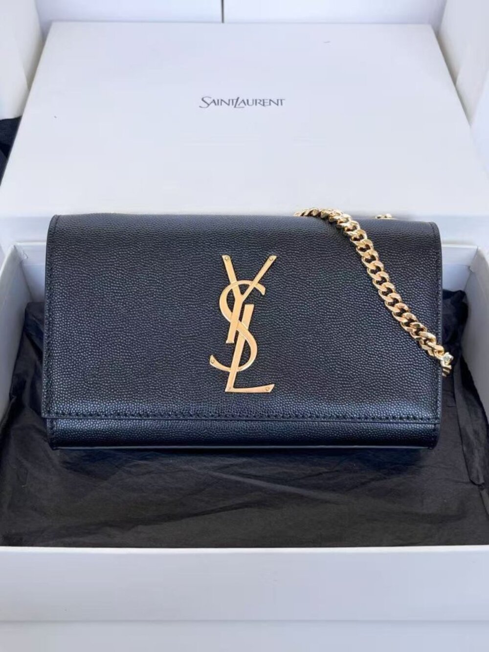 Saint Laurent Black Leather Crossbody with Gold YSL Chain